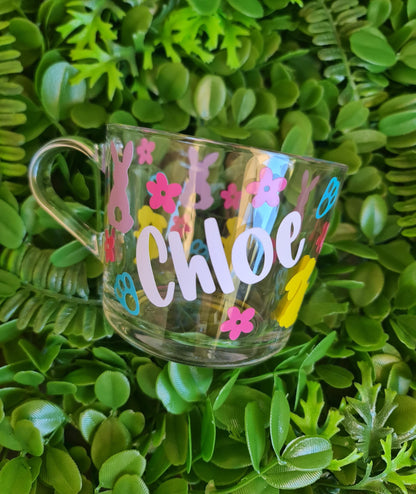 Personalised Easter Glass Mug  Custom Name Bunny Coffee Cup  Easter Gift for Mum or Teacher