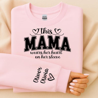 Personalised Mama Sweater | This Mama Wears Her Heart On Her Sleeve Jumper | Custom Mum Sweatshirt | Mothers Day Gift | Mama And Children