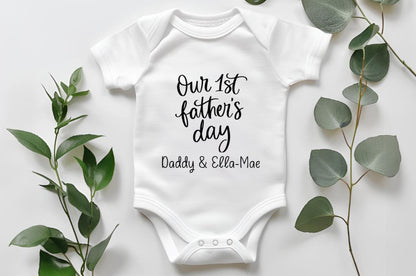 Our First Father's Day T-Shirt or Bodysuit | Personalised Daddy & Child Name Shirt | First Fathers Day Gift | Custom Baby And Dad Outfit