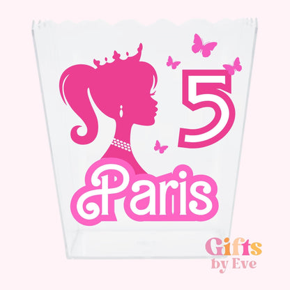 Personalised Pink Party Popcorn Box | Custom Kids Birthday Party Favour | Pink Doll Snack Box | Kids Party Treat Bucket | Popcorn Container