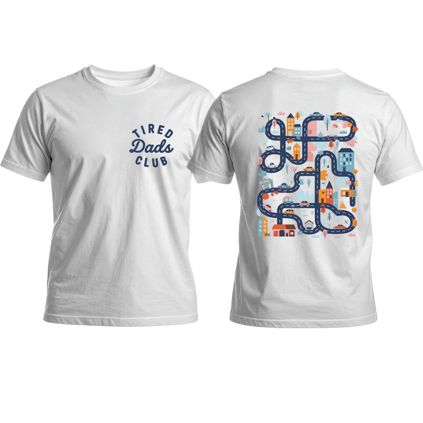 Tired Dads Club T-Shirt with Car Track Back Print | Funny Dad Shirt | Play on Daddys Back Tee | Fathers Day Gift | Dad Car Track T-Shirt