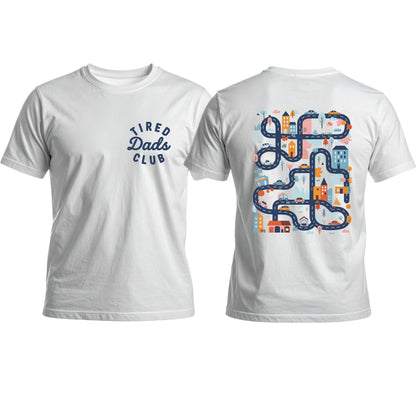 Tired Dads Club T-Shirt with Car Track Back Print | Funny Dad Shirt | Play on Daddys Back Tee | Fathers Day Gift | Dad Car Track T-Shirt