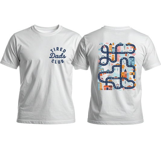 Tired Dads Club T-Shirt with Car Track Back Print | Funny Dad Shirt | Play on Daddys Back Tee | Fathers Day Gift | Dad Car Track T-Shirt