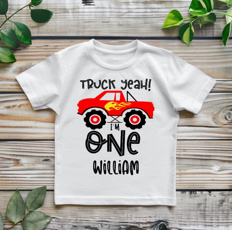 Truck Yeah I'm One Birthday T-Shirt | Personalised First Birthday Shirt | Custom Name Truck Party Tee | Construction Birthday Outfit
