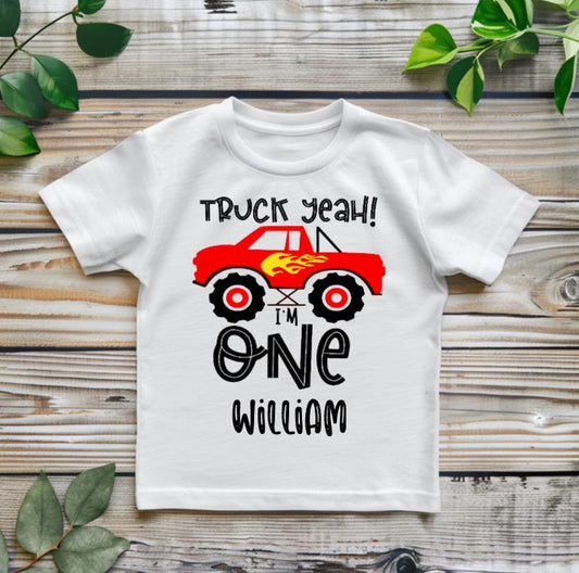 Truck Yeah I'm One Birthday T-Shirt | Personalised First Birthday Shirt | Custom Name Truck Party Tee | Construction Birthday Outfit