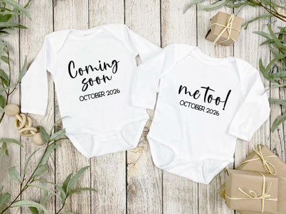 Personalised Twin Baby Announcement Bodysuits | "Coming Soon" & "Me Too" Twins Outfit | Twin Pregnancy Announcement | Baby Reveal Bodysuits