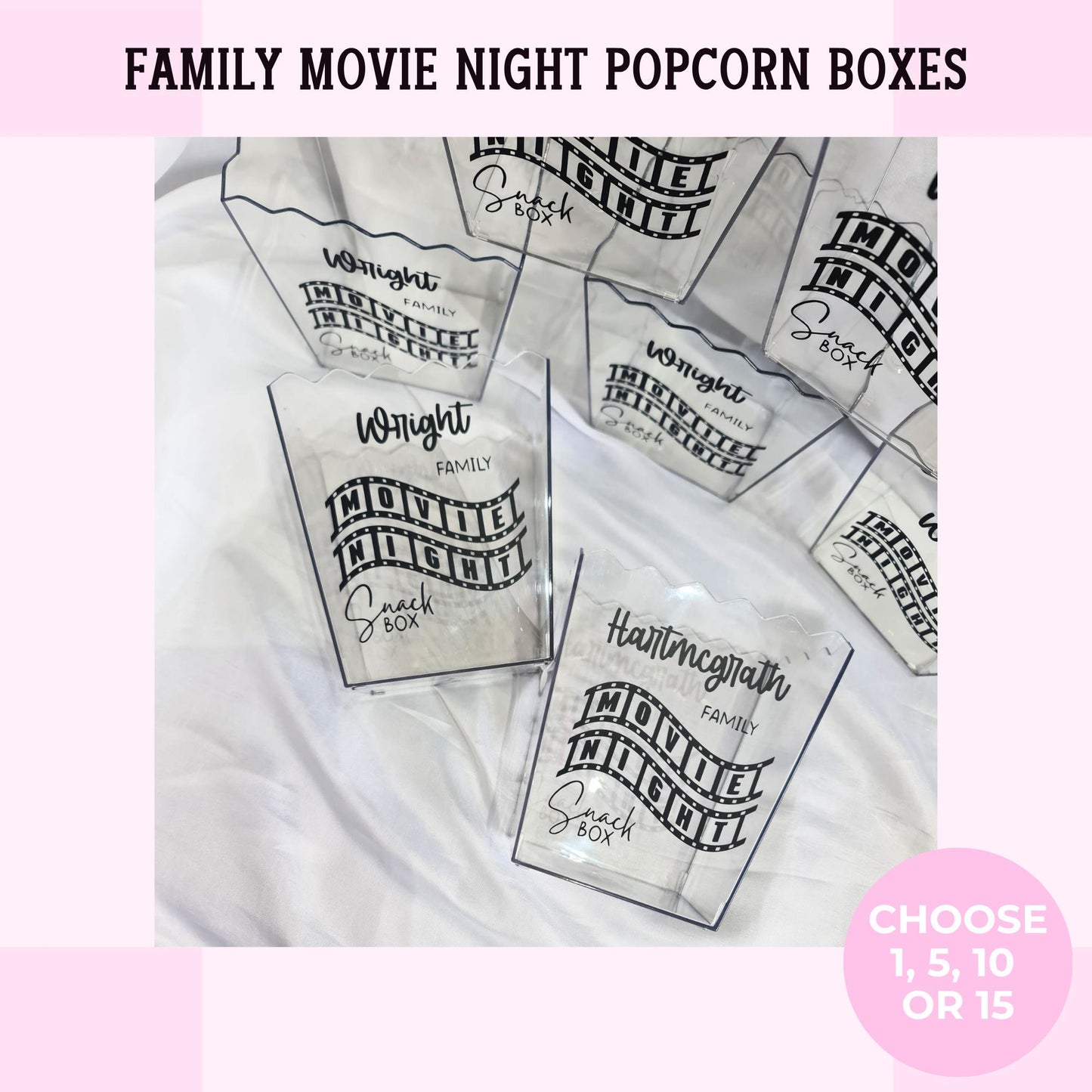 Personalised Family Movie Night Popcorn Boxes | Custom Snack Boxes with Family Name | Home Cinema Night Party Supplies