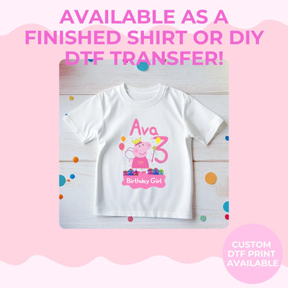 Pink Pig Birthday Shirt | Personalised Kids Birthday Tee | Custom Name Birthday Shirt | Cute Cartoon Inspired Tee | Custom DIY DTF Transfer