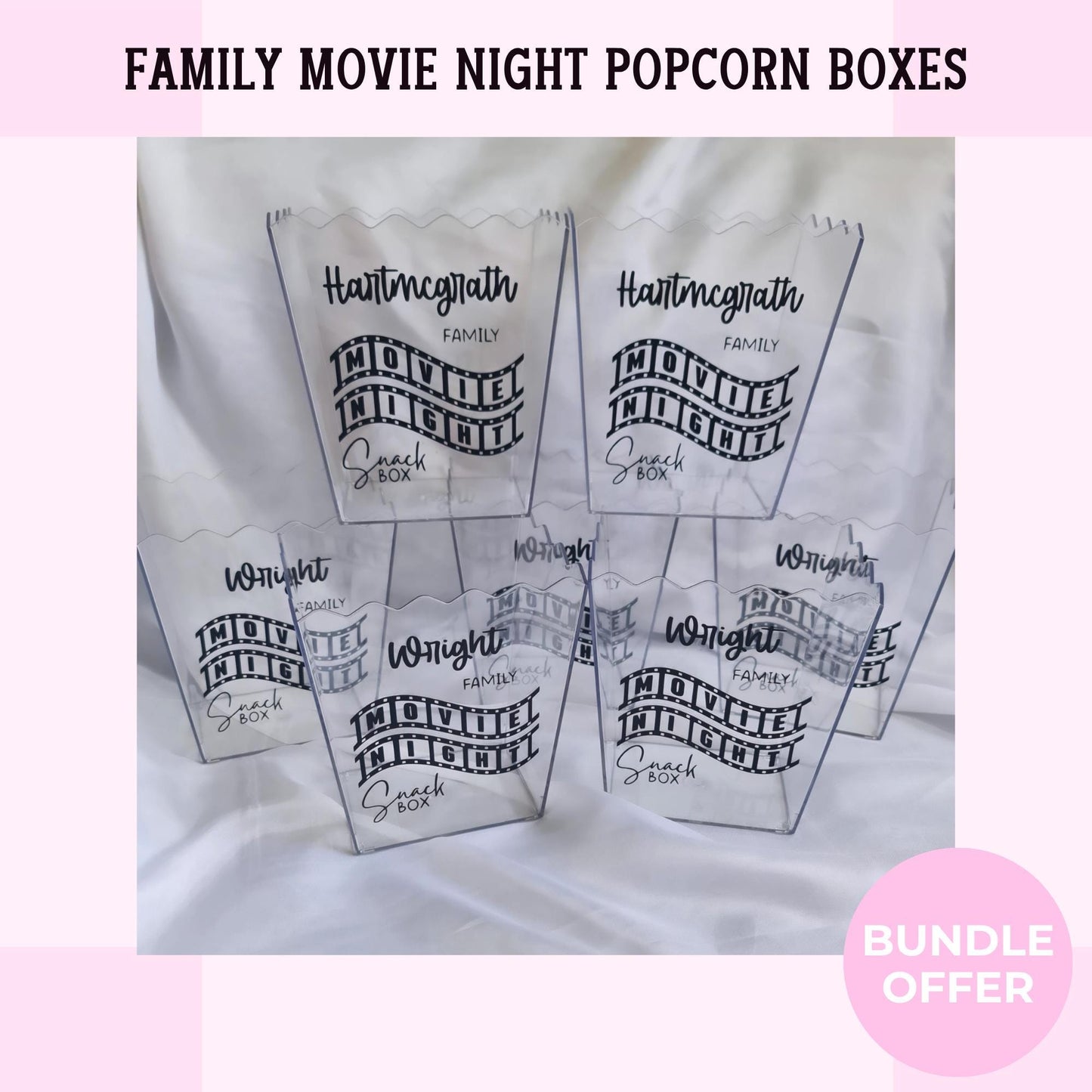 Personalised Family Movie Night Popcorn Boxes | Custom Snack Boxes with Family Name | Home Cinema Night Party Supplies