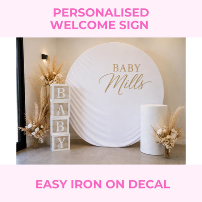 Custom Iron On Baby Shower Decal | Personalised Fabric Backdrop Transfer | DIY Baby Shower Sign | Welcome Sign Iron On | Event Backdrop Sign