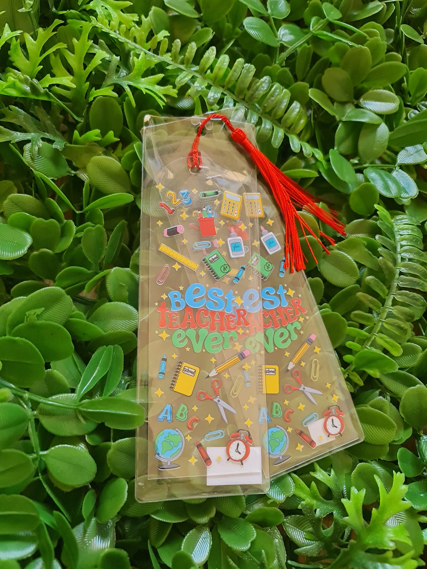 Clear pouch with colorful designs and text on a green leafy background